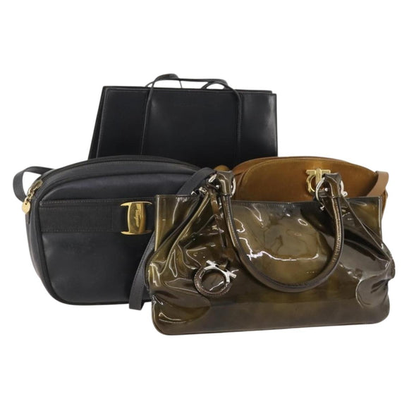 Salvatore Ferragamo Gancini Tas Leer Suède Gecoat Canvas 4 Delige Set Auth BA12864