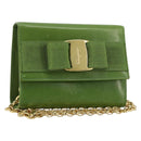 Salvatore Ferragamo Vara Ribbon Chain Bag Leer Groen Goud Auth BA12890-1