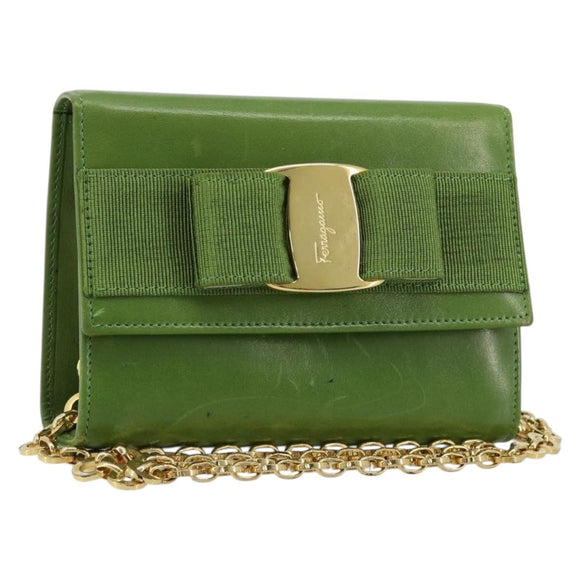 Salvatore Ferragamo Vara Ribbon Chain Bag Leer Groen Goud Auth BA12890