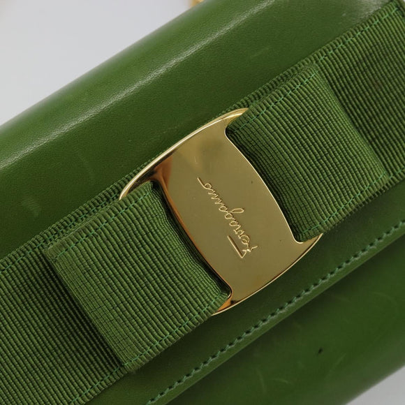 Salvatore Ferragamo Vara Ribbon Chain Bag Leer Groen Goud Auth BA12890