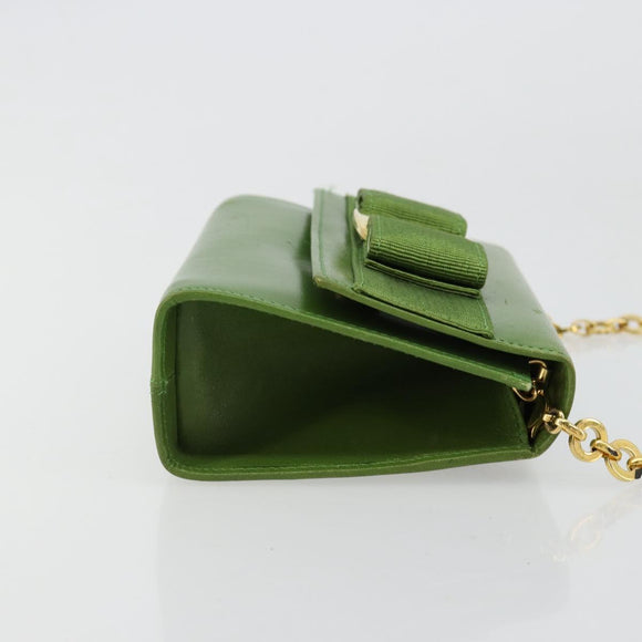Salvatore Ferragamo Vara Ribbon Chain Bag Leer Groen Goud Auth BA12890