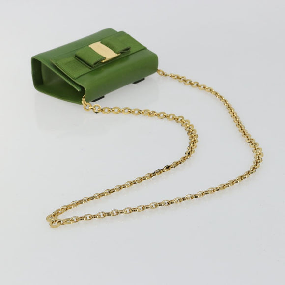 Salvatore Ferragamo Vara Ribbon Chain Bag Leer Groen Goud Auth BA12890