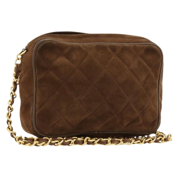 CHANEL Matelasse Chain Shoulder Bag Suede Brown Gold CC Auth BA12895