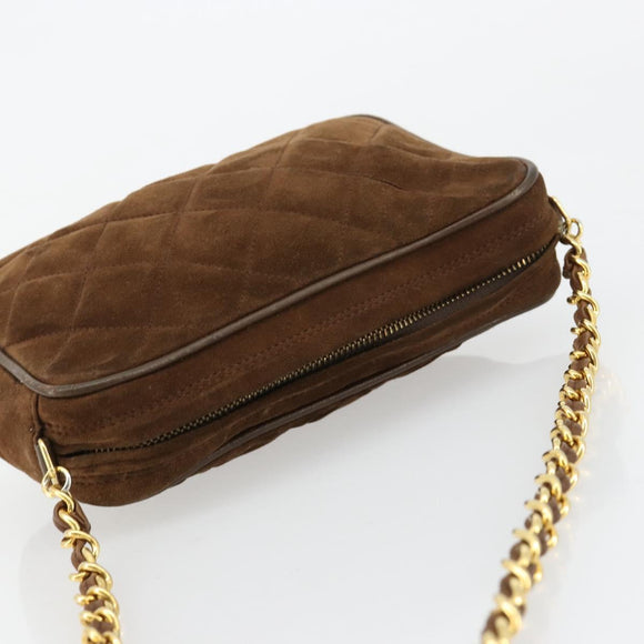CHANEL Matelasse Chain Shoulder Bag Suede Brown Gold CC Auth BA12895