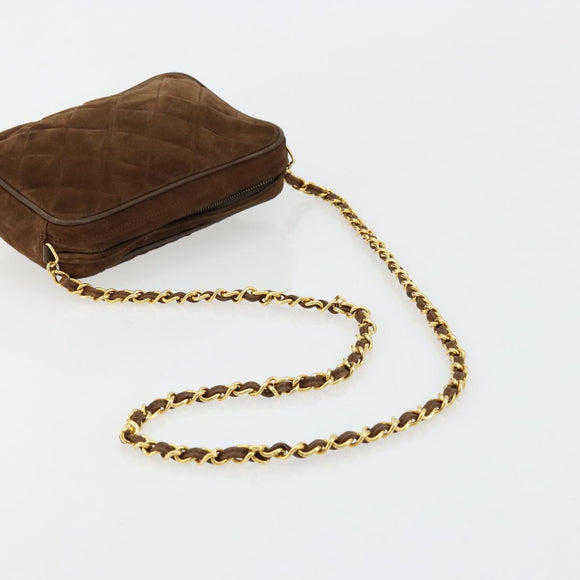 CHANEL Matelasse Chain Shoulder Bag Suede Brown Gold CC Auth BA12895