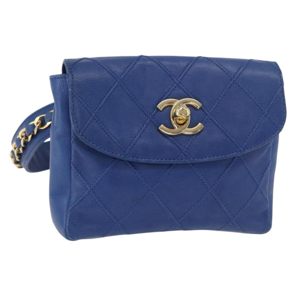 CHANEL Bicolore Waist bag Lamb Skin Blue Gold CC Auth BA12897