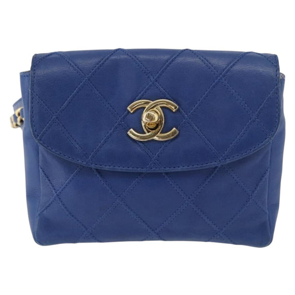 CHANEL Bicolore Waist bag Lamb Skin Blue Gold CC Auth BA12897