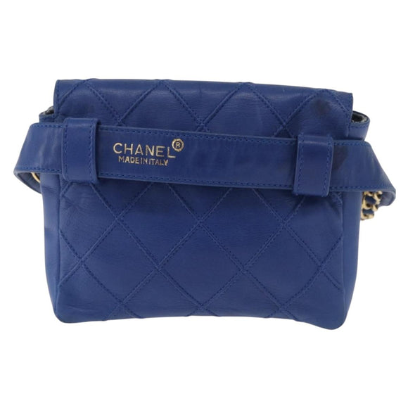 CHANEL Bicolore Waist bag Lamb Skin Blue Gold CC Auth BA12897