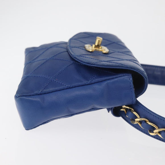 CHANEL Bicolore Waist bag Lamb Skin Blue Gold CC Auth BA12897