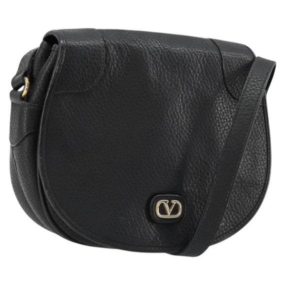 VALENTINO Shoulder Bag Leather Black Gold Auth BA12898