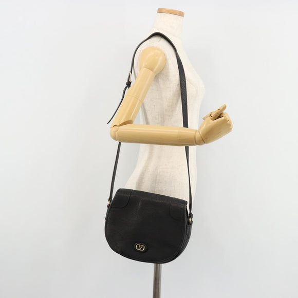 VALENTINO Shoulder Bag Leather Black Gold Auth BA12898