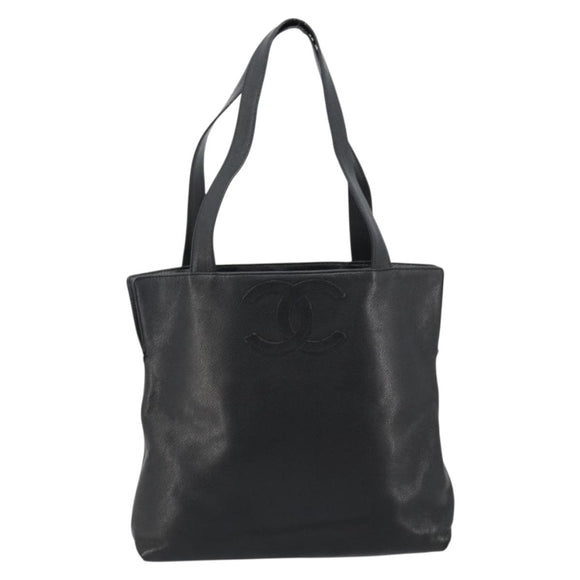 CHANEL Tote Bag Caviar Skin Black Gold CC Auth BA12903
