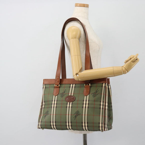Burberry Nova Check Tote Bag PVC Groen Goud Auth BA12905