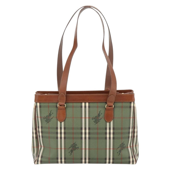Burberry Nova Check Tote Bag PVC Groen Goud Auth BA12905