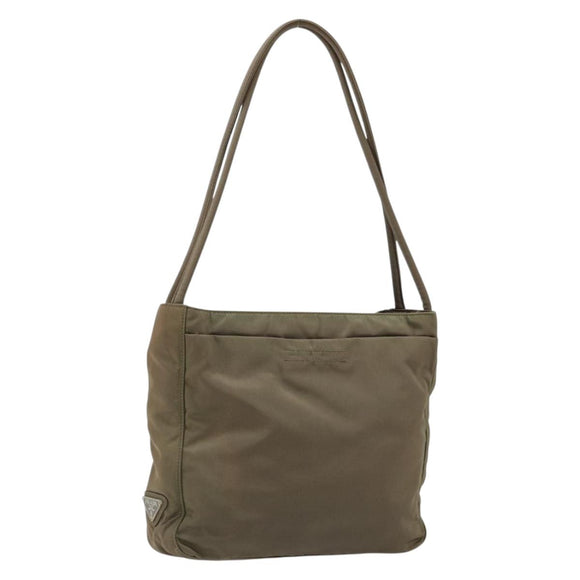 PRADA Draagtas Nylon Khaki Zilver Auth BA12923