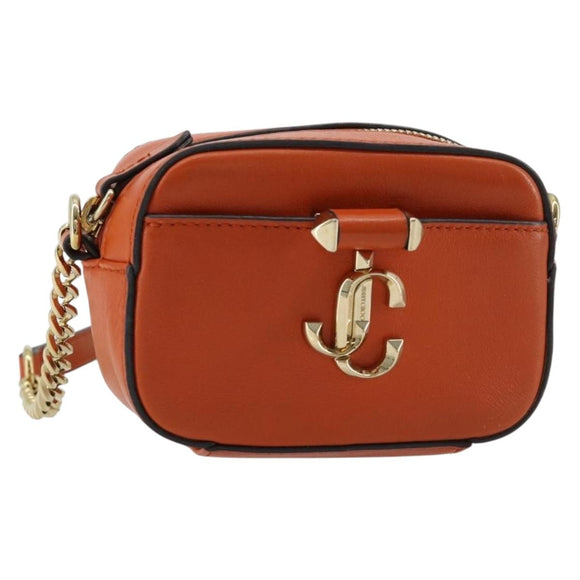 Jimmy Choo Chain Shoulder Pouch Leather Orange Gold Auth BA12938
