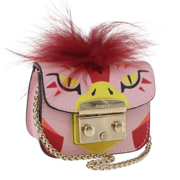 FURLA Chain Hand Pouch Leather Pink Gold Auth BA12939