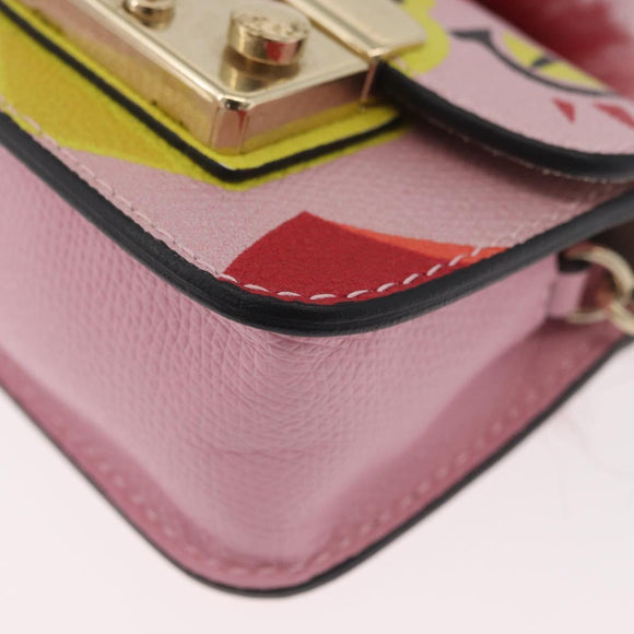FURLA Chain Hand Pouch Leather Pink Gold Auth BA12939