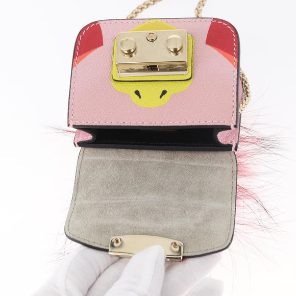 FURLA Chain Hand Pouch Leather Pink Gold Auth BA12939