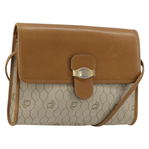 Christian Dior Honeycomb Canvas Shoulder Bag PVC Beige Gold Auth BA12951