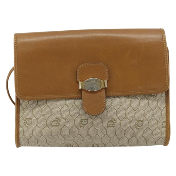 Christian Dior Honeycomb Canvas Shoulder Bag PVC Beige Gold Auth BA12951