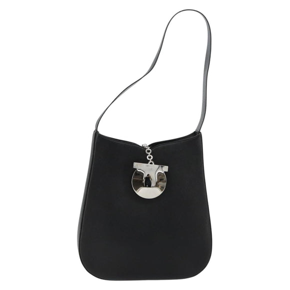 Salvatore Ferragamo Gancini Shoulder Bag Leather Black Silver Auth BA12954