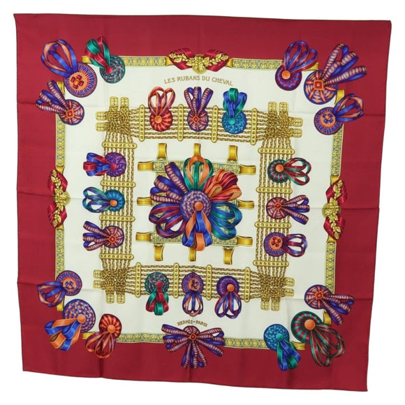 HERMES Carre 90 Scarf ""LES RUBANS DU CHEVAL"" Silk Multicolor Auth BA12984V
