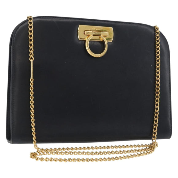 Salvatore Ferragamo Gancini Umhängetasche Kette Leder Navy Gold Auth BA12988