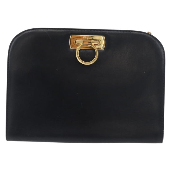 Salvatore Ferragamo Gancini Umhängetasche Kette Leder Navy Gold Auth BA12988