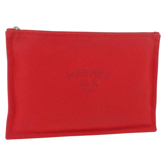 HERMES Pouch Clutch Bag Canvas Red Silver Auth BA12990