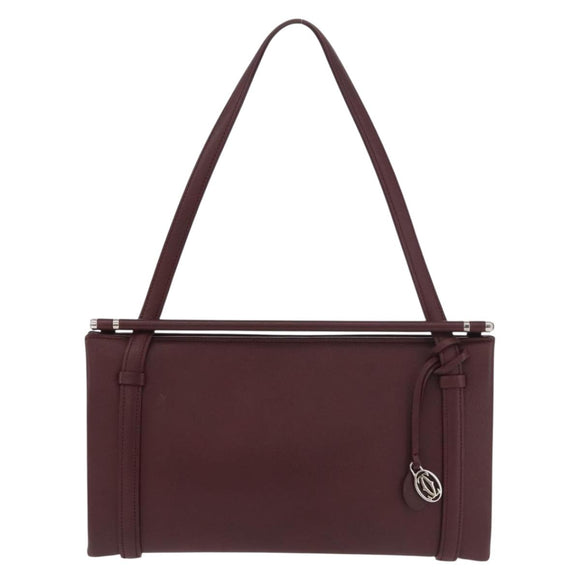CARTIER Hand Bag Leather Bordeaux Silver Auth BA12993A