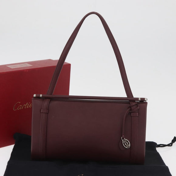 CARTIER Hand Bag Leather Bordeaux Silver Auth BA12993A