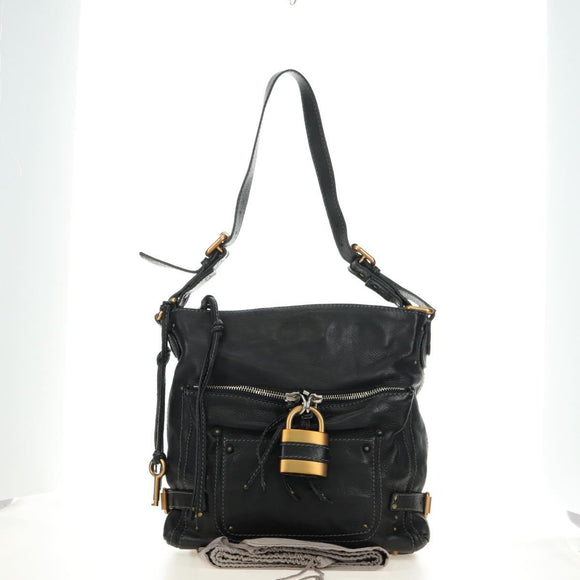 Chloe Paddington Shoulder Bag Leather Black Gold Silver Auth BA12997M