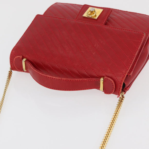 CELINE Chain Shoulder Bag Leather 2way Red Gold Auth BA13005