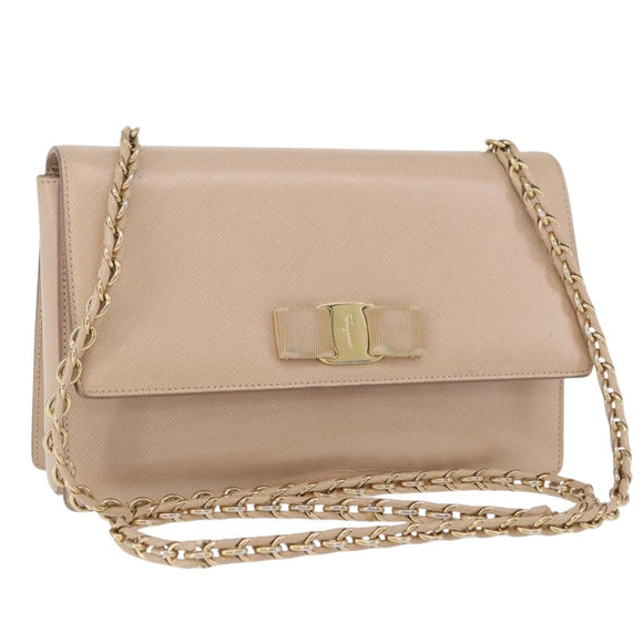 Salvatore Ferragamo Vala Chain Shoulder Bag Leather Gold Beige Auth BA13006