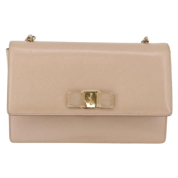 Salvatore Ferragamo Vala Chain Shoulder Bag Leather Gold Beige Auth BA13006