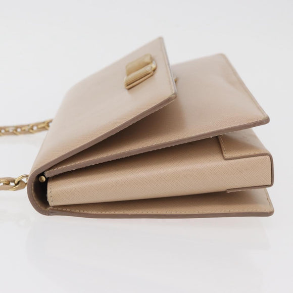 Salvatore Ferragamo Vala Chain Shoulder Bag Leather Gold Beige Auth BA13006