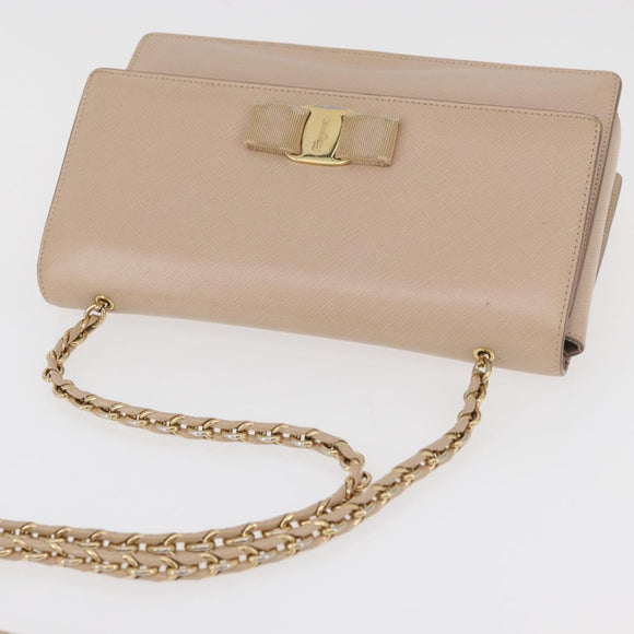Salvatore Ferragamo Vala Chain Shoulder Bag Leather Gold Beige Auth BA13006