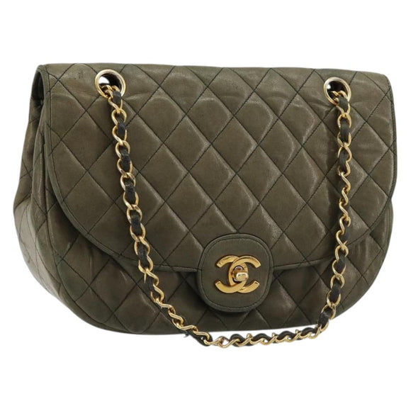 CHANEL Matelasse Chain Shoulder Bag Lamb Skin Green Gold CC Auth BA13010