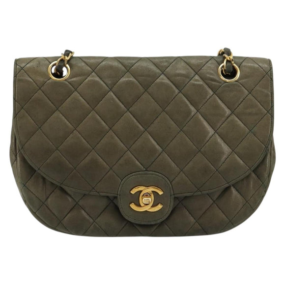 CHANEL Matelasse Chain Shoulder Bag Lamb Skin Green Gold CC Auth BA13010