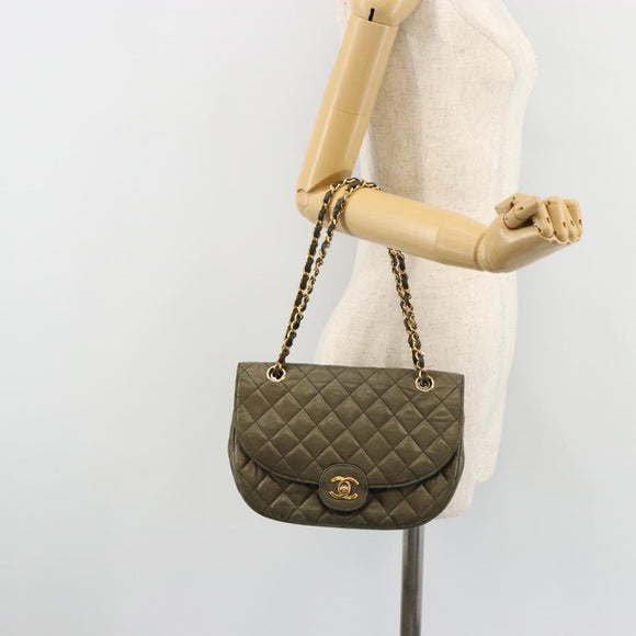 CHANEL Matelasse Chain Shoulder Bag Lamb Skin Green Gold CC Auth BA13010