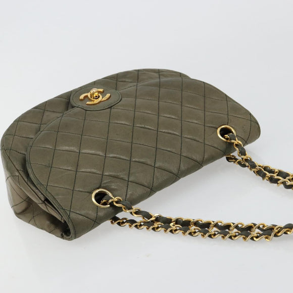 CHANEL Matelasse Chain Shoulder Bag Lamb Skin Green Gold CC Auth BA13010