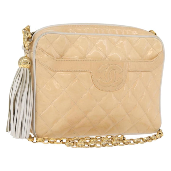 CHANEL Matelasse Chain Schoudertas Lakleer Ivoor Goud CC Auth BA13017