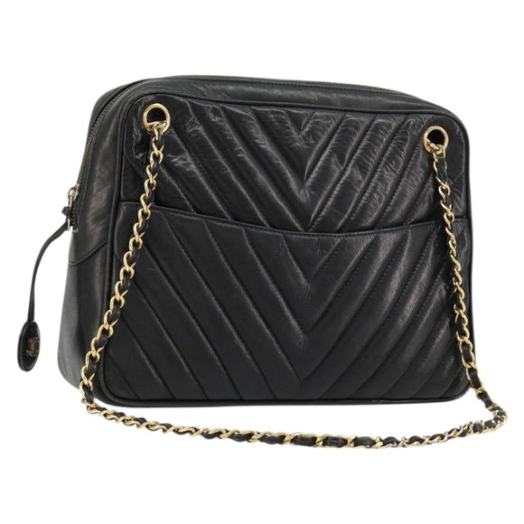 CHANEL V Stitch Chain Shoulder Bag Lamb Skin Black Gold CC Auth BA13037