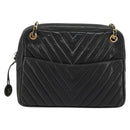 CHANEL V Stitch Chain Shoulder Bag Lamb Skin Black Gold CC Auth BA13037-2