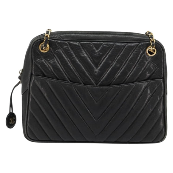 CHANEL V Stitch Chain Shoulder Bag Lamb Skin Black Gold CC Auth BA13037