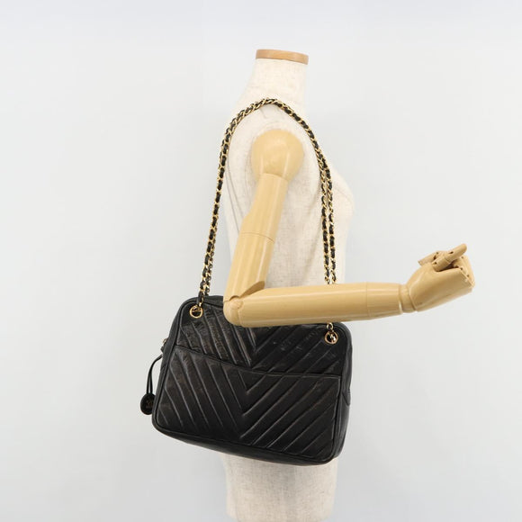 CHANEL V Stitch Chain Shoulder Bag Lamb Skin Black Gold CC Auth BA13037