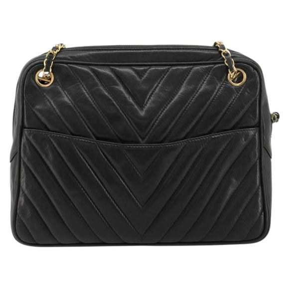 CHANEL V Stitch Chain Shoulder Bag Lamb Skin Black Gold CC Auth BA13037