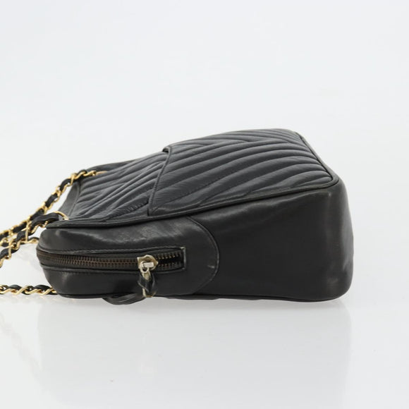 CHANEL V Stitch Chain Shoulder Bag Lamb Skin Black Gold CC Auth BA13037