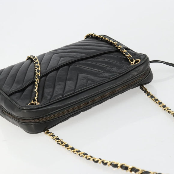 CHANEL V Stitch Chain Shoulder Bag Lamb Skin Black Gold CC Auth BA13037